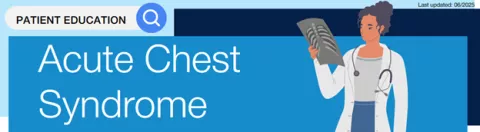 Patient education banner titled 'Acute Chest Syndrome' featuring a female doctor holding a chest X-ray. The top right corner notes 'Last updated: 06/2025'.