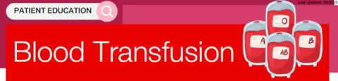 Patient education banner titled 'Blood Transfusion' with a red background and four labeled blood bags showing blood types O, A, B, and AB. The top right corner includes the text 'Last updated: 06/2025'.