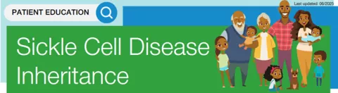 Patient education banner titled 'Sickle Cell Disease Inheritance' showing a multigenerational family of diverse adults and children smiling together. Top right corner notes 'Last updated: 06/2025'.