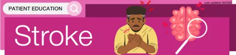 Patient education banner titled 'Stroke' featuring a man with eyes closed clutching his chest and red pain lines around his head. A glowing brain illustration appears beside him. Top right corner notes 'Last updated: 06/2025'.