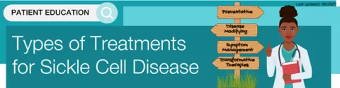 Patient education banner titled 'Types of Treatments for Sickle Cell Disease' showing a healthcare provider pointing to a wooden signpost listing 'Preventative', 'Disease Modifying', 'Symptom Management', and 'Transformative Therapies'. Top right corner notes 'Last updated: 06/2025'.